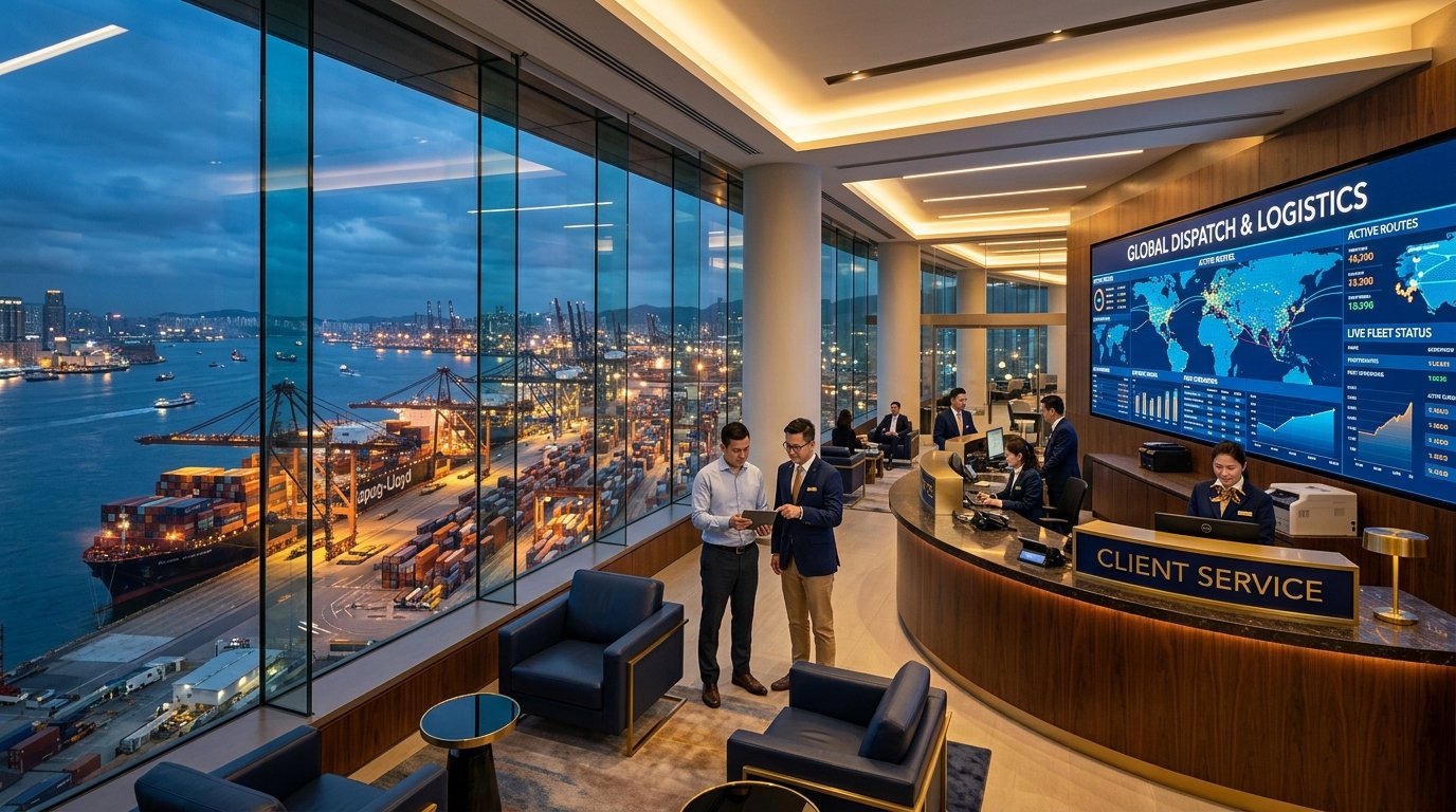 Current Logistics Mumbai client service desk overlooking illuminated shipping port