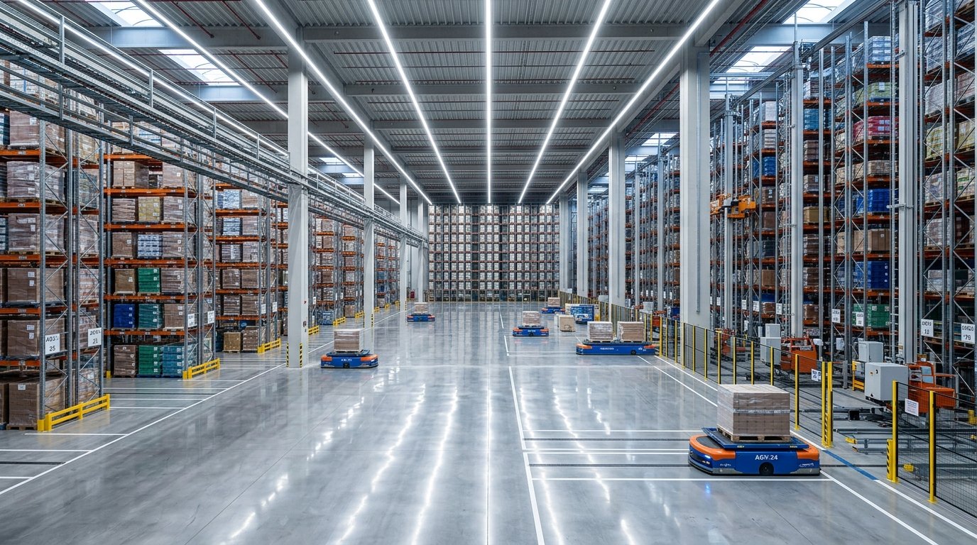 Automated distribution warehouse with pallet racking