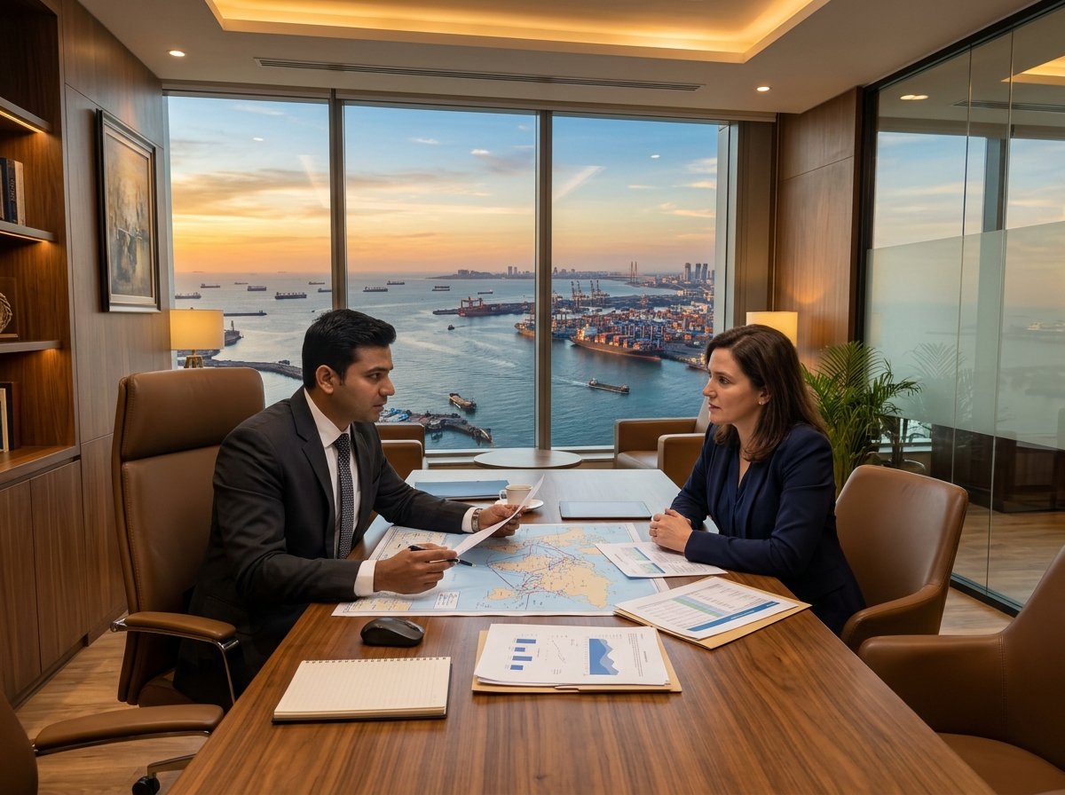 Logistics freight consulting team reviewing route feasibility and cargo options